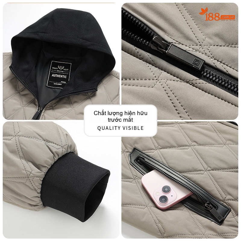 Áo Khoác Cotton Tơ Tằm Chần Bông Có Mũ Trùm Đầu Phong Cách Casual Màu Be, Đen