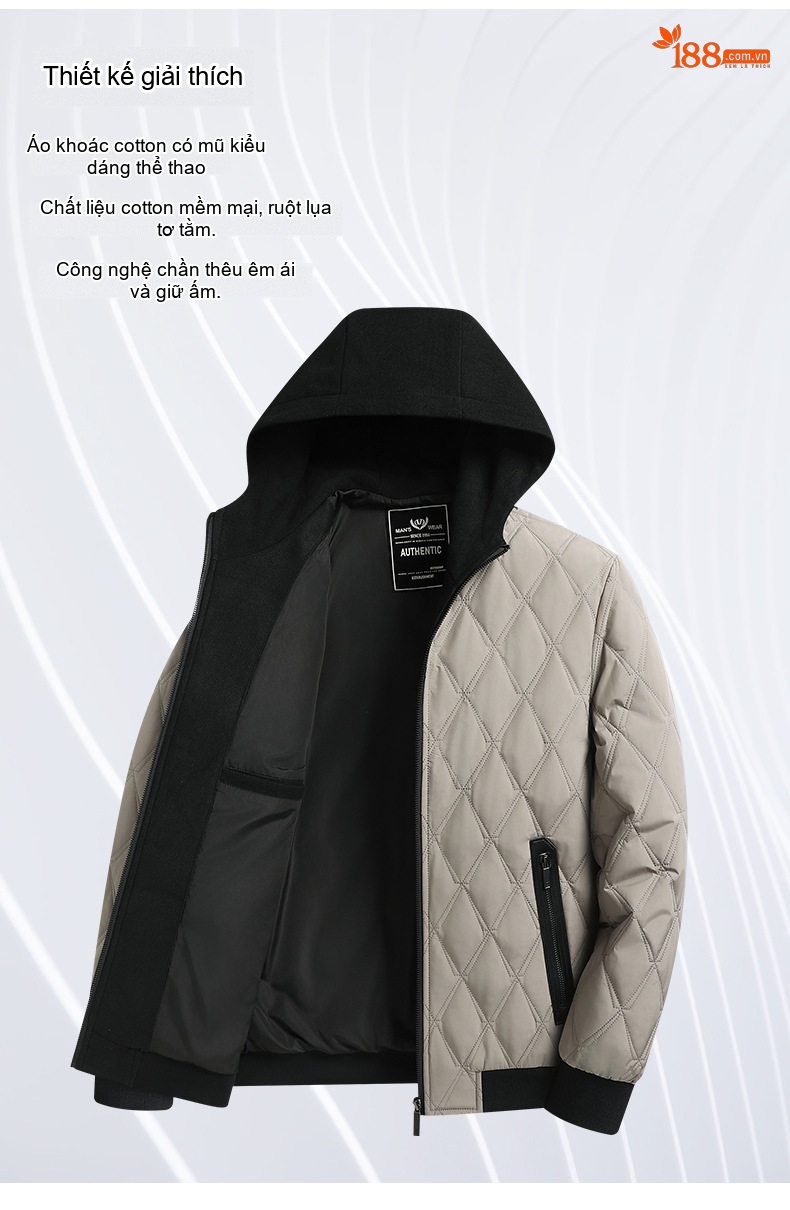 Áo Khoác Cotton Tơ Tằm Chần Bông Có Mũ Trùm Đầu Phong Cách Casual Màu Be, Đen chi tiết 3