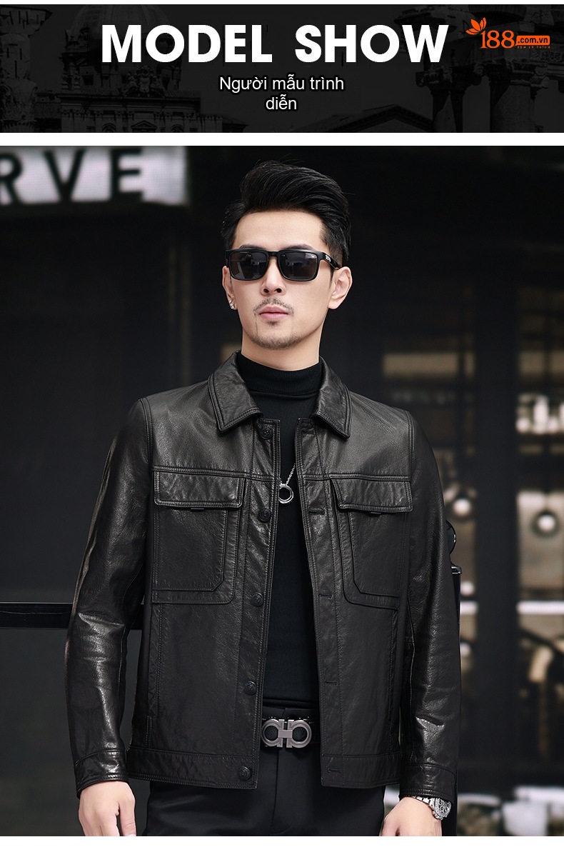Áo Khoác Da Bò Đầu Lớp Dáng Ngắn Cổ Bẻ Ve Áo Khuy Cài Phong Cách Biker Màu Đen chi tiết 8