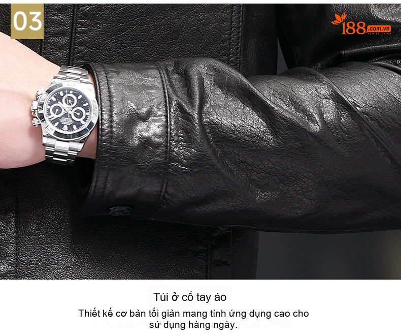 Áo Khoác Da Bò Đầu Lớp Dáng Ngắn Cổ Bẻ Ve Áo Khuy Cài Phong Cách Biker Màu Đen chi tiết 20
