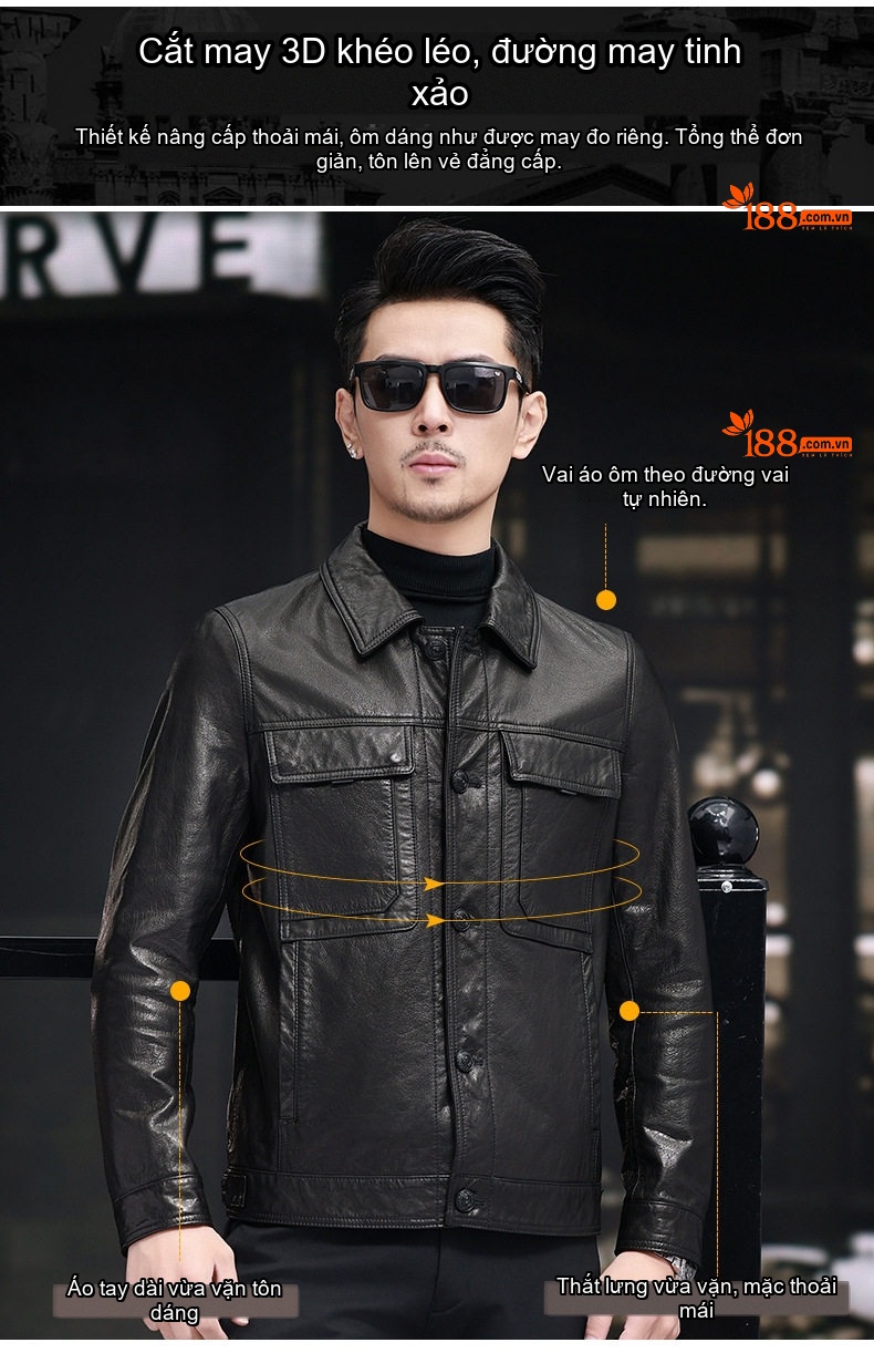 Áo Khoác Da Bò Đầu Lớp Dáng Ngắn Cổ Bẻ Ve Áo Khuy Cài Phong Cách Biker Màu Đen chi tiết 7