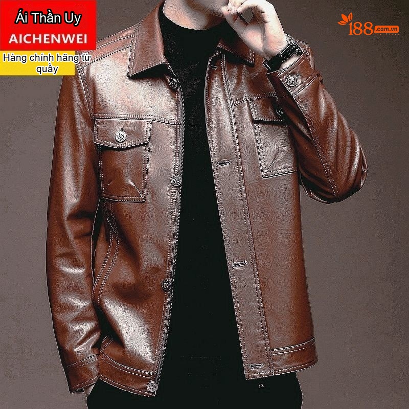 Áo Khoác Da Bò Nam Cổ Bẻ Dáng Ôm Phong Cách Biker Trung Niên Màu Đỏ, Đen chi tiết 8