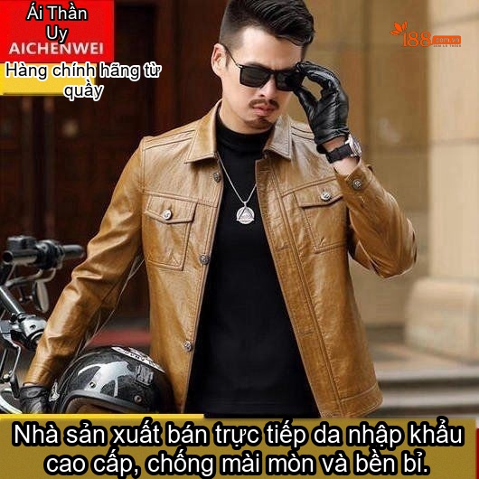 Áo Khoác Da Bò Nam Cổ Bẻ Dáng Ôm Phong Cách Biker Trung Niên Màu Đỏ, Đen chi tiết 13