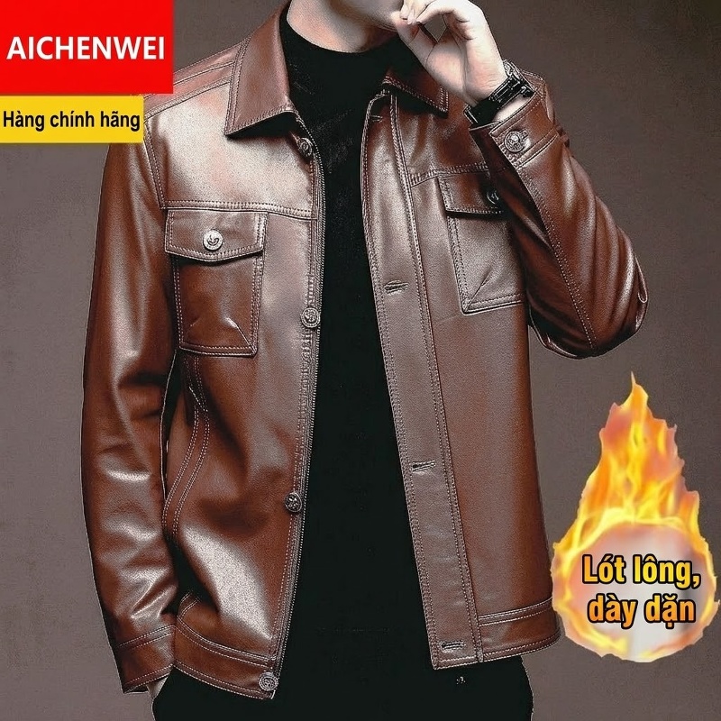 Áo Khoác Da Bò Nam Cổ Bẻ Dáng Ôm Phong Cách Biker Trung Niên Màu Đỏ, Đen chi tiết 3
