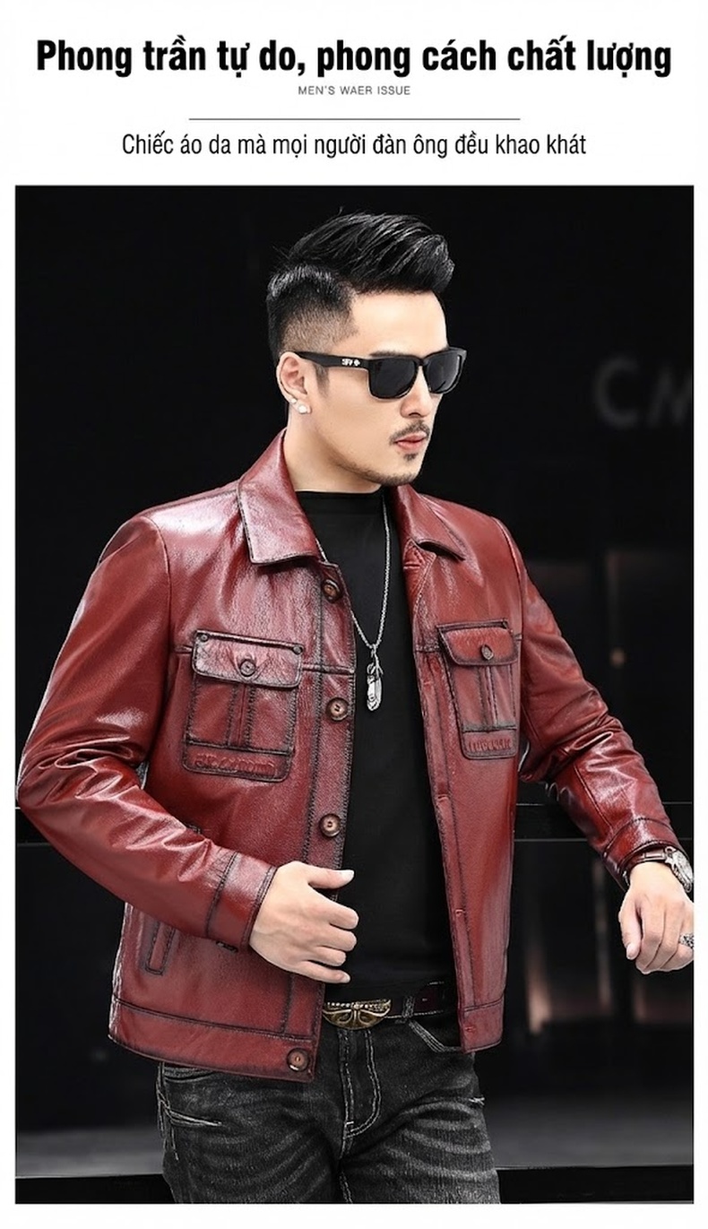 Áo Khoác Da Bò Nam Cổ Bẻ Dáng Ôm Phong Cách Biker Trung Niên Màu Đỏ, Đen chi tiết 1