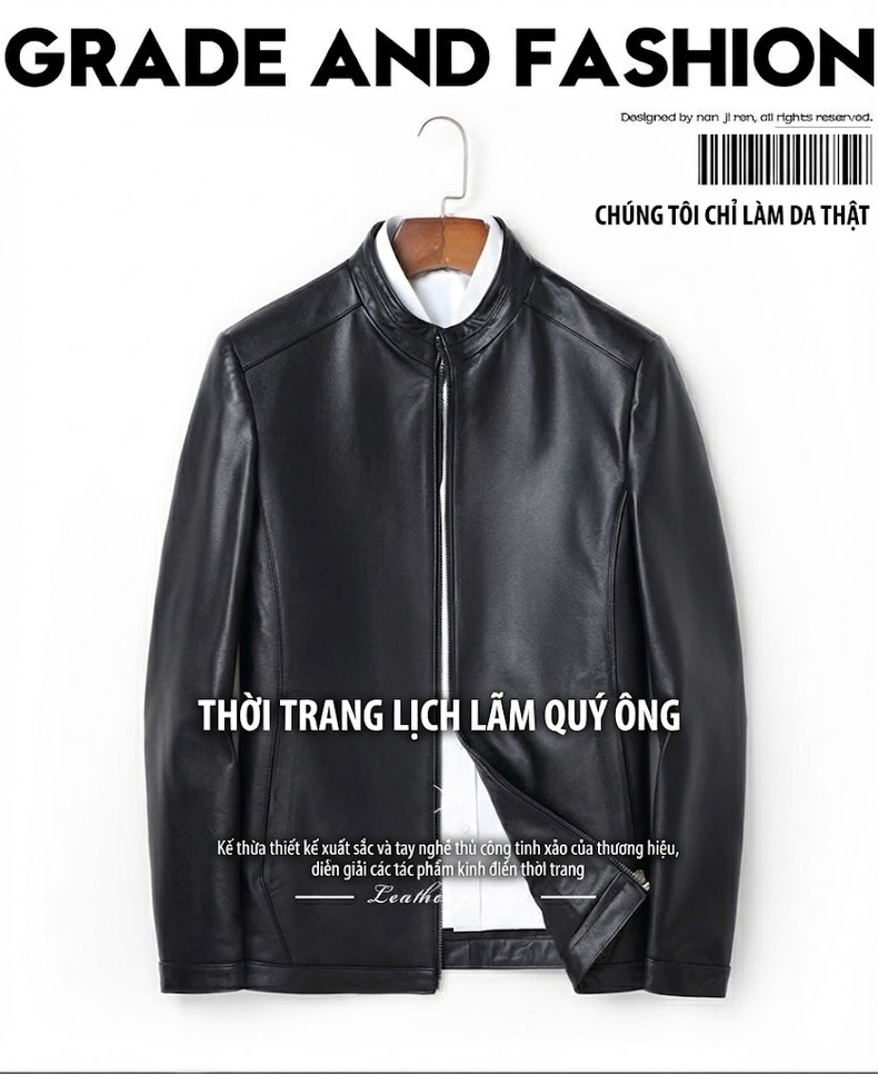 Áo Khoác Da Bò Nam Cổ Trụ Khóa Kéo Phong Cách Business Casual Màu Đen chi tiết 1
