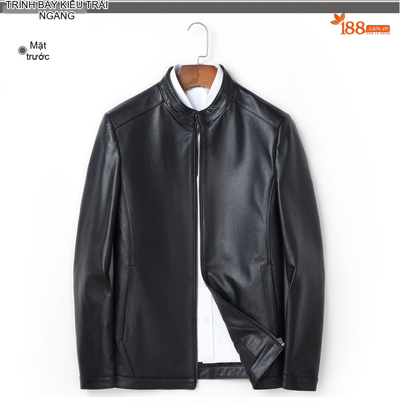 Áo Khoác Da Bò Nam Cổ Trụ Khóa Kéo Phong Cách Business Casual Màu Đen chi tiết 7