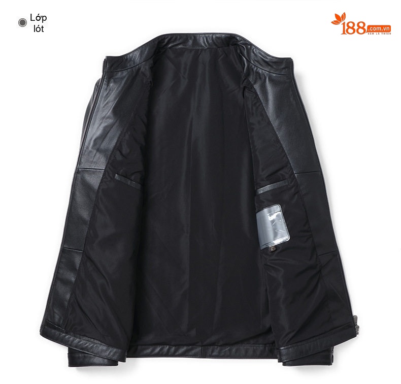 Áo Khoác Da Bò Nam Cổ Trụ Khóa Kéo Phong Cách Business Casual Màu Đen chi tiết 9