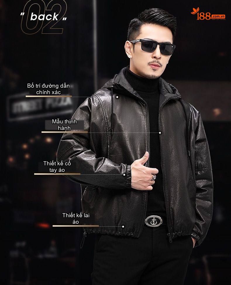 Áo Khoác Da Bò Nam Dáng Bomber Có Mũ Trùm Đầu Lót Lông Vũ Tháo Rời Màu Đen chi tiết 7