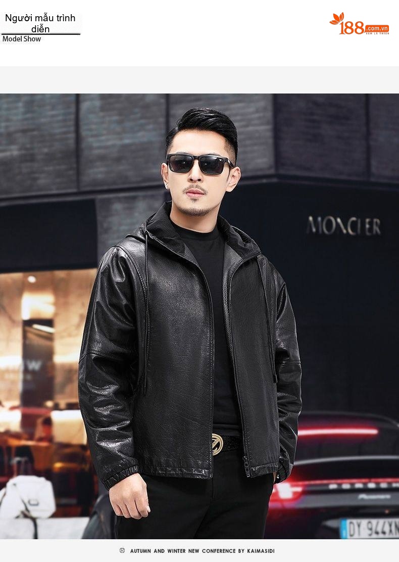 Áo Khoác Da Bò Nam Dáng Bomber Có Mũ Trùm Đầu Lót Lông Vũ Tháo Rời Màu Đen chi tiết 14