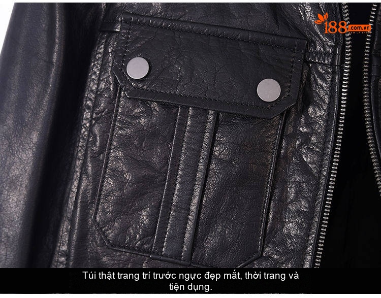 Áo Khoác Da Bò Nam Dáng Ngắn Cổ Bẻ Slim Fit Phong Cách Motor Màu Đen chi tiết 14