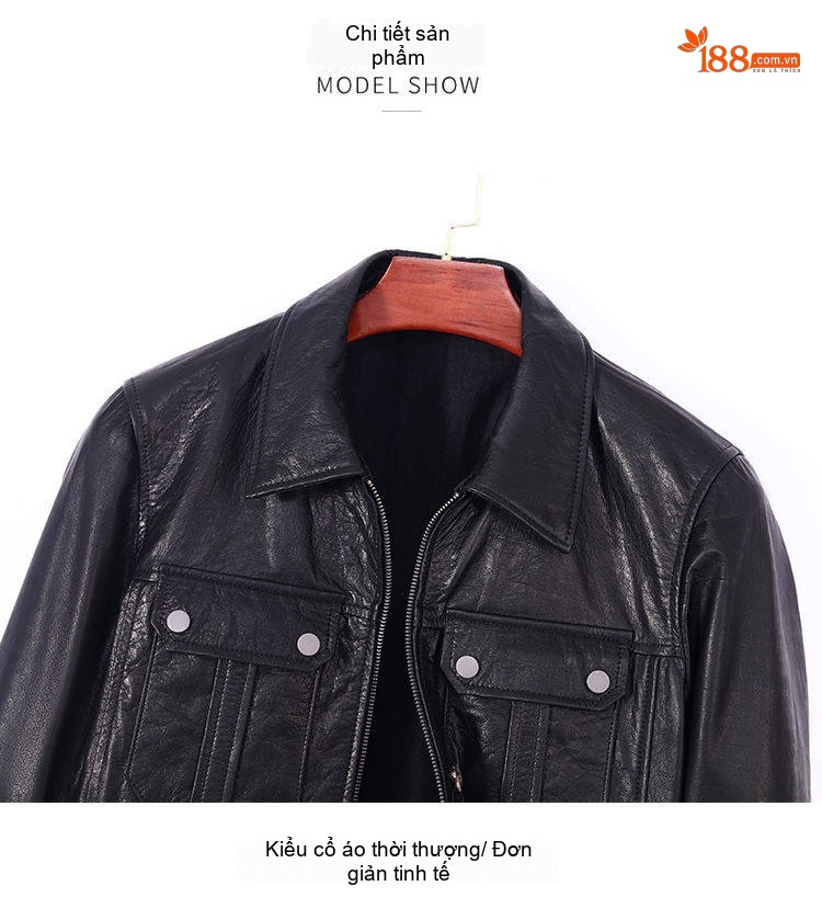 Áo Khoác Da Bò Nam Dáng Ngắn Cổ Bẻ Slim Fit Phong Cách Motor Màu Đen chi tiết 11