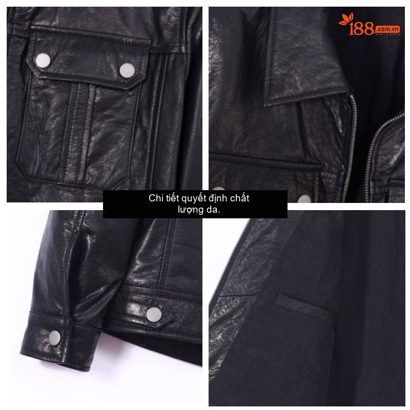 Áo Khoác Da Bò Nam Dáng Ngắn Cổ Bẻ Slim Fit Phong Cách Motor Màu Đen