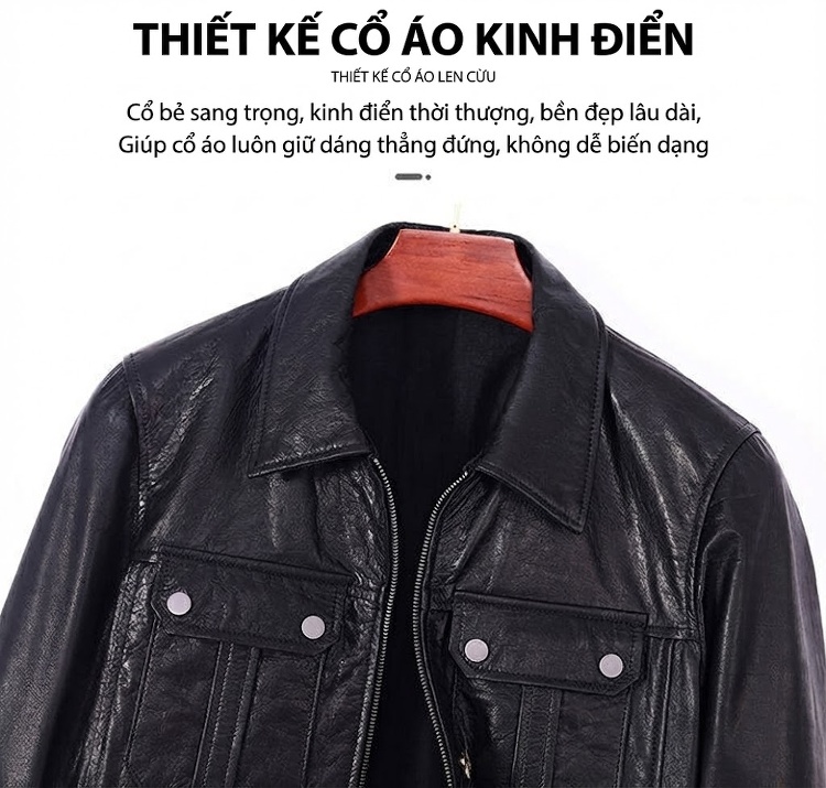 Áo Khoác Da Bò Nam Dáng Ngắn Cổ Bẻ Slim Fit Phong Cách Motor Màu Đen chi tiết 3