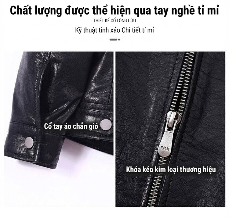 Áo Khoác Da Bò Nam Dáng Ngắn Cổ Bẻ Slim Fit Phong Cách Motor Màu Đen chi tiết 4