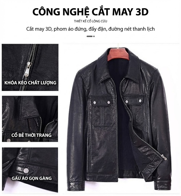 Áo Khoác Da Bò Nam Dáng Ngắn Cổ Bẻ Slim Fit Phong Cách Motor Màu Đen chi tiết 6
