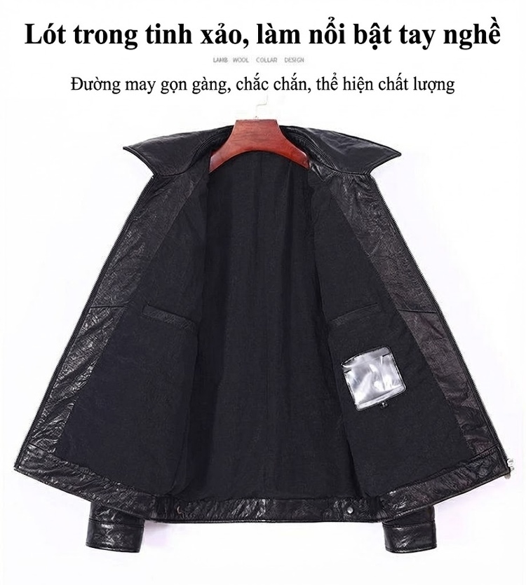 Áo Khoác Da Bò Nam Dáng Ngắn Cổ Bẻ Slim Fit Phong Cách Motor Màu Đen chi tiết 7