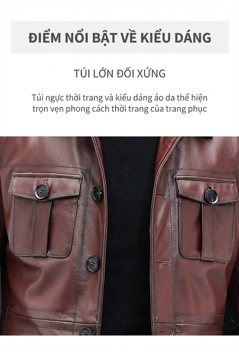 Áo Khoác Da Bò Nam Dáng Ôm Cổ chữ Vest Dáng Dài Vừa Màu Nâu, Đen chi tiết 5