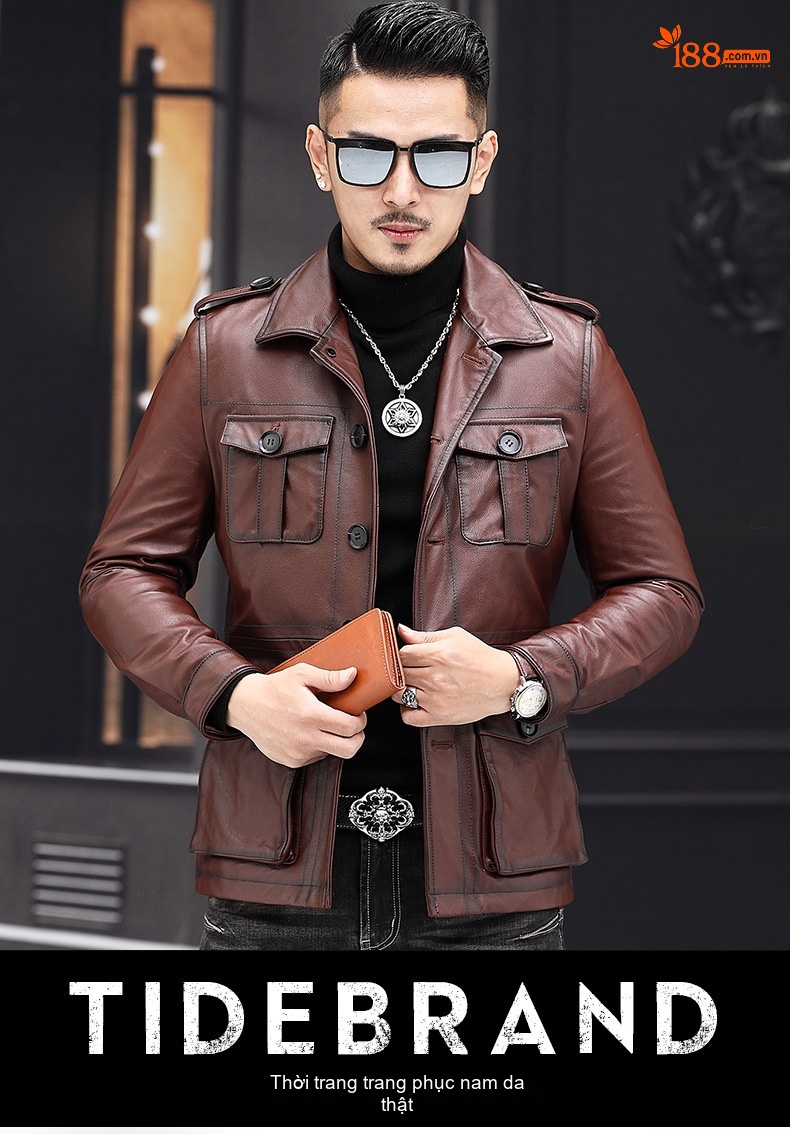 Áo Khoác Da Bò Nam Dáng Ôm Cổ chữ Vest Dáng Dài Vừa Màu Nâu, Đen chi tiết 1