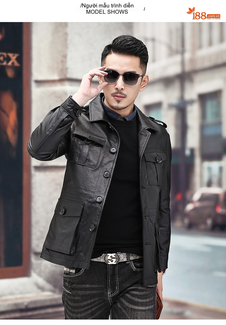 Áo Khoác Da Bò Nam Dáng Ôm Cổ chữ Vest Dáng Dài Vừa Màu Nâu, Đen chi tiết 16