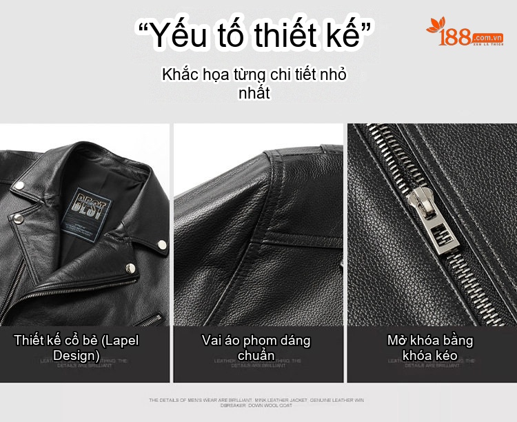 Áo Khoác Da Bò Nam Kiểu Motor Jacket Cổ chữ Vest Thời Trang Màu Đen chi tiết 6