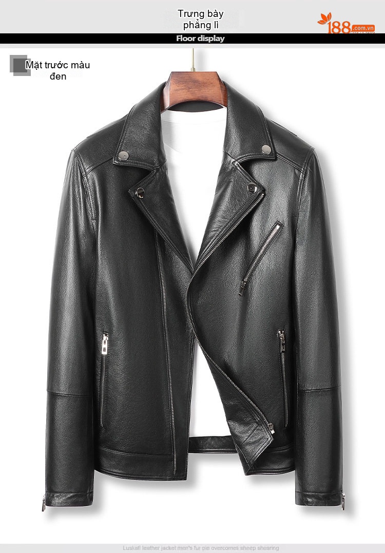 Áo Khoác Da Bò Nam Kiểu Motor Jacket Cổ chữ Vest Thời Trang Màu Đen chi tiết 7