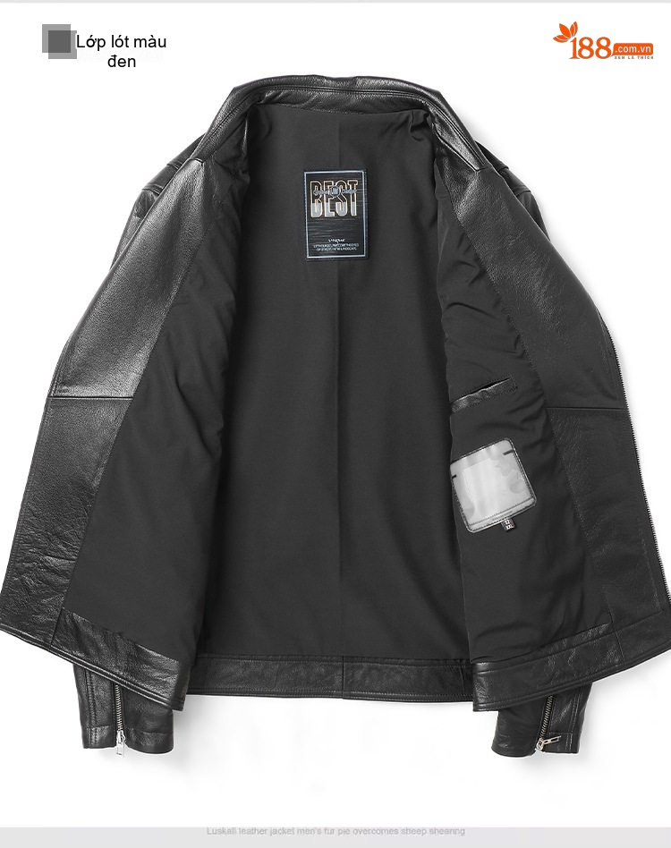 Áo Khoác Da Bò Nam Kiểu Motor Jacket Cổ chữ Vest Thời Trang Màu Đen chi tiết 9
