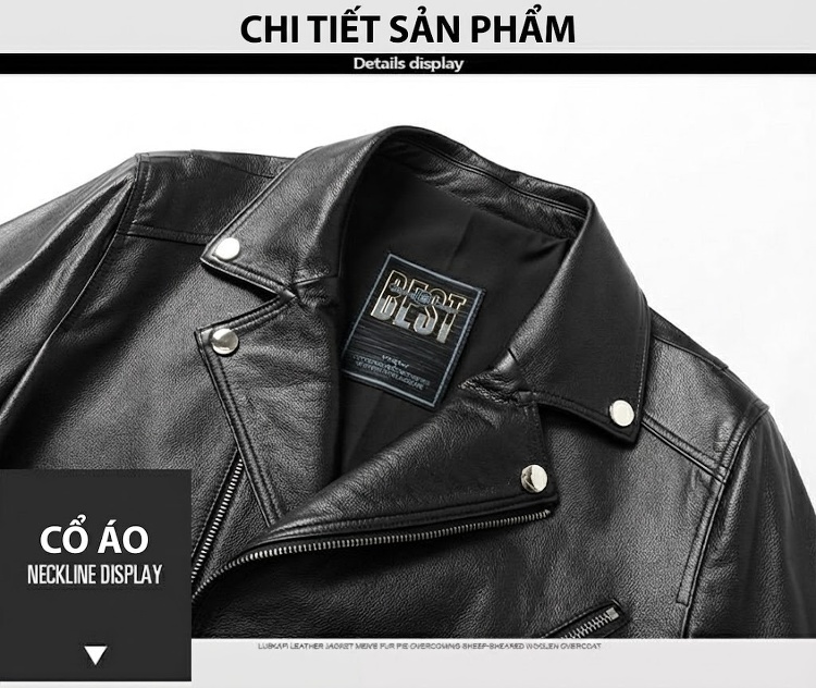 Áo Khoác Da Bò Nam Kiểu Motor Jacket Cổ chữ Vest Thời Trang Màu Đen chi tiết 10