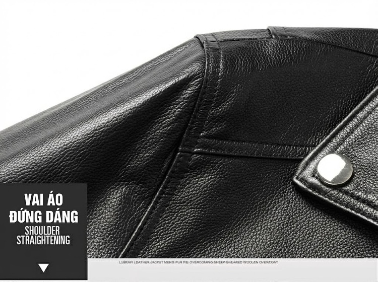 Áo Khoác Da Bò Nam Kiểu Motor Jacket Cổ chữ Vest Thời Trang Màu Đen chi tiết 11