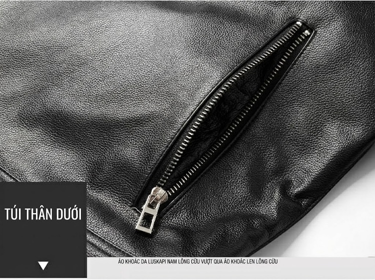 Áo Khoác Da Bò Nam Kiểu Motor Jacket Cổ chữ Vest Thời Trang Màu Đen chi tiết 12