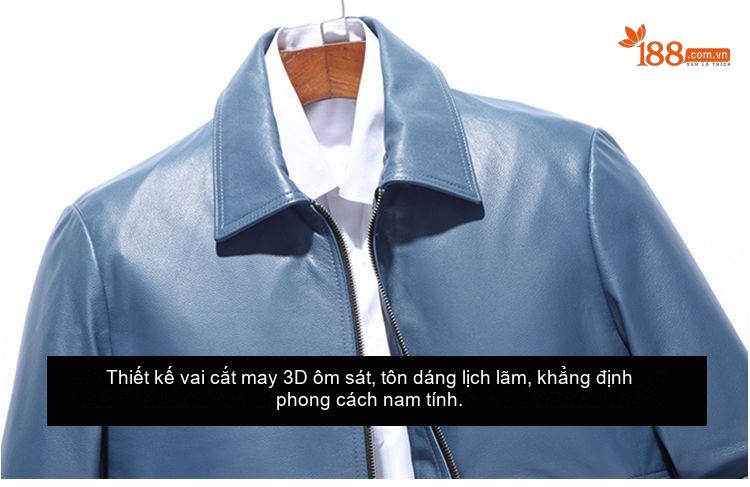 Áo Khoác Da Bò Nam Mỏng Dáng Ngắn Cổ Bẻ Màu Xanh Dương, Đen, Xám chi tiết 9