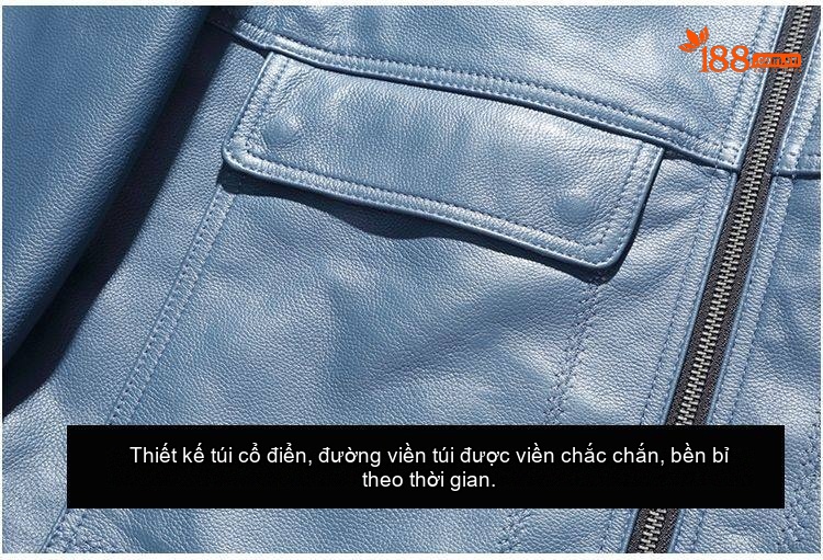 Áo Khoác Da Bò Nam Mỏng Dáng Ngắn Cổ Bẻ Màu Xanh Dương, Đen, Xám chi tiết 10