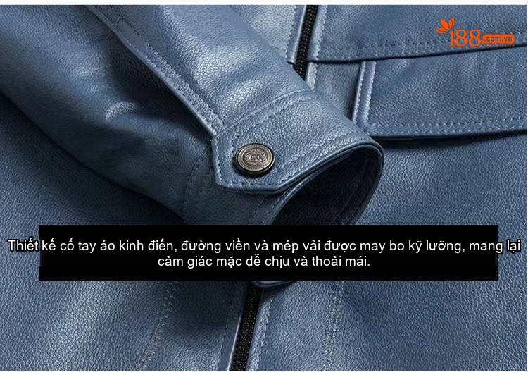 Áo Khoác Da Bò Nam Mỏng Dáng Ngắn Cổ Bẻ Màu Xanh Dương, Đen, Xám chi tiết 11