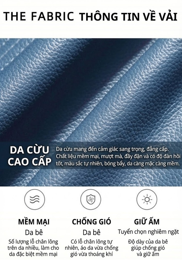 Áo Khoác Da Bò Nam Mỏng Dáng Ngắn Cổ Bẻ Màu Xanh Dương, Đen, Xám chi tiết 2