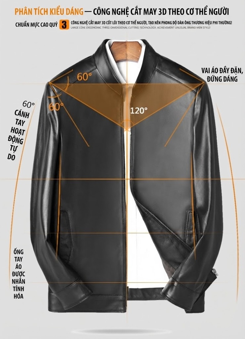 Áo Khoác Da Cừu Nam Cổ Trụ Khóa Kéo Phong Cách Business Casual Màu Đen chi tiết 2