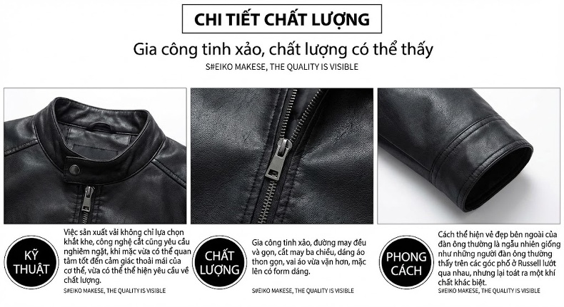 Áo Khoác Da Cừu Nam Cổ Trụ Khóa Kéo Phong Cách Business Casual Màu Đen chi tiết 3