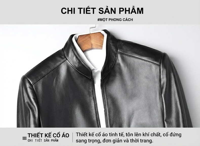 Áo Khoác Da Cừu Nam Cổ Trụ Khóa Kéo Phong Cách Business Casual Màu Đen chi tiết 6