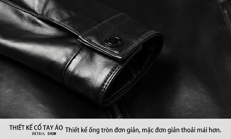 Áo Khoác Da Cừu Nam Cổ Trụ Khóa Kéo Phong Cách Business Casual Màu Đen chi tiết 8
