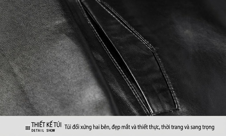 Áo Khoác Da Cừu Nam Cổ Trụ Khóa Kéo Phong Cách Business Casual Màu Đen chi tiết 10