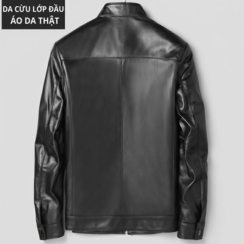 Áo Khoác Da Cừu Nam Cổ Trụ Khóa Kéo Phong Cách Business Casual Màu Đen