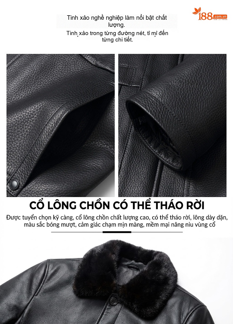 Áo Khoác Da Cừu Nam Dáng Dài Trung Niên Lót Lông Chồn Tháo Rời Màu Đen chi tiết 4