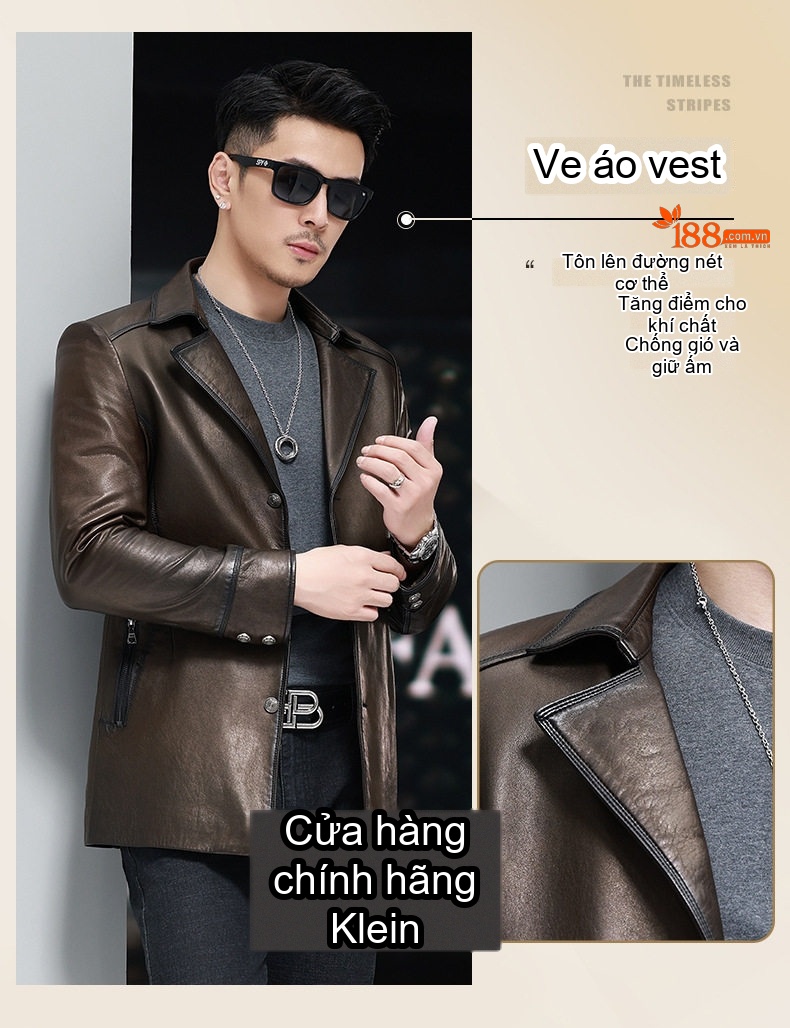 Áo Khoác Da Cừu Nam Dáng Dài Vừa Cổ chữ Vest Phong Cách Thu Đông Màu Nâu chi tiết 9
