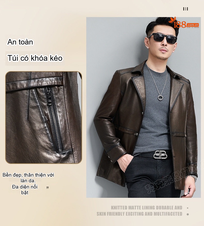 Áo Khoác Da Cừu Nam Dáng Dài Vừa Cổ chữ Vest Phong Cách Thu Đông Màu Nâu chi tiết 10