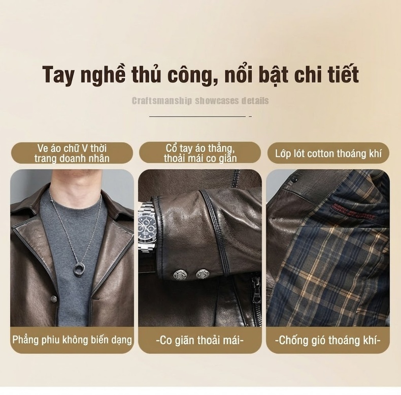 Áo Khoác Da Cừu Nam Dáng Dài Vừa Cổ chữ Vest Phong Cách Thu Đông Màu Nâu chi tiết 12