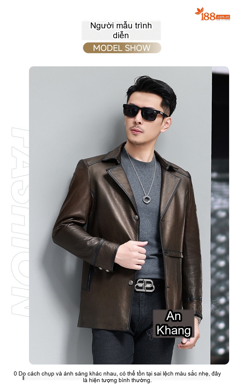 Áo Khoác Da Cừu Nam Dáng Dài Vừa Cổ chữ Vest Phong Cách Thu Đông Màu Nâu chi tiết 13