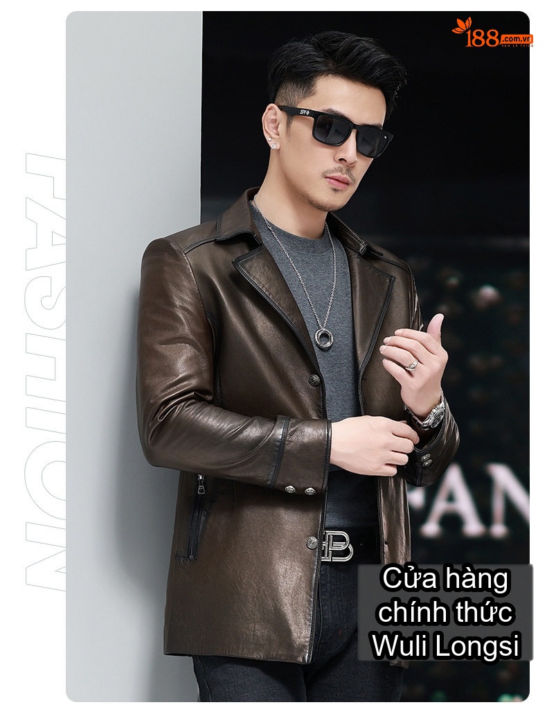 Áo Khoác Da Cừu Nam Dáng Dài Vừa Cổ chữ Vest Phong Cách Thu Đông Màu Nâu chi tiết 17