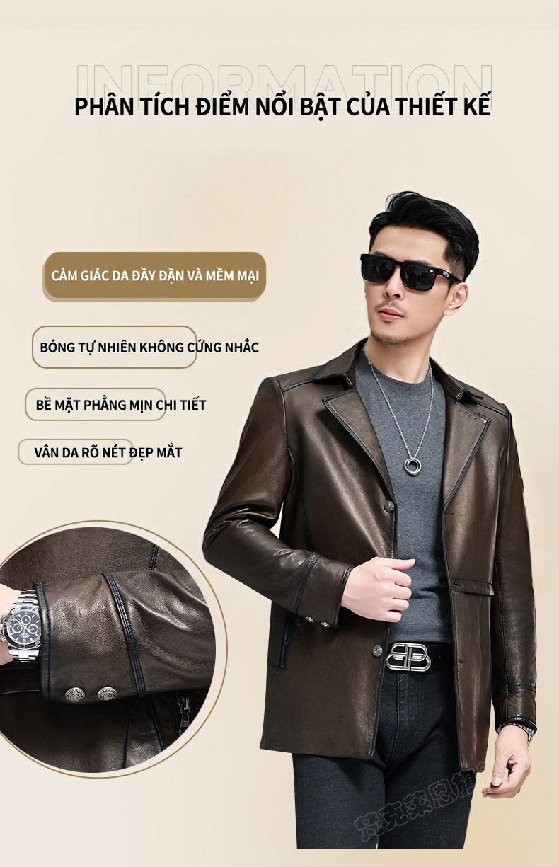 Áo Khoác Da Cừu Nam Dáng Dài Vừa Cổ chữ Vest Phong Cách Thu Đông Màu Nâu chi tiết 8