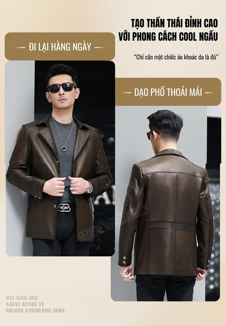 Áo Khoác Da Cừu Nam Dáng Dài Vừa Cổ chữ Vest Phong Cách Thu Đông Màu Nâu chi tiết 11