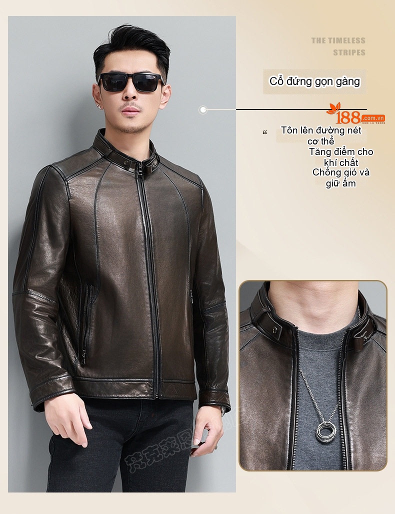 Áo Khoác Da Cừu Nam Dáng Ngắn Cổ Trụ Màu Nâu Đen chi tiết 9