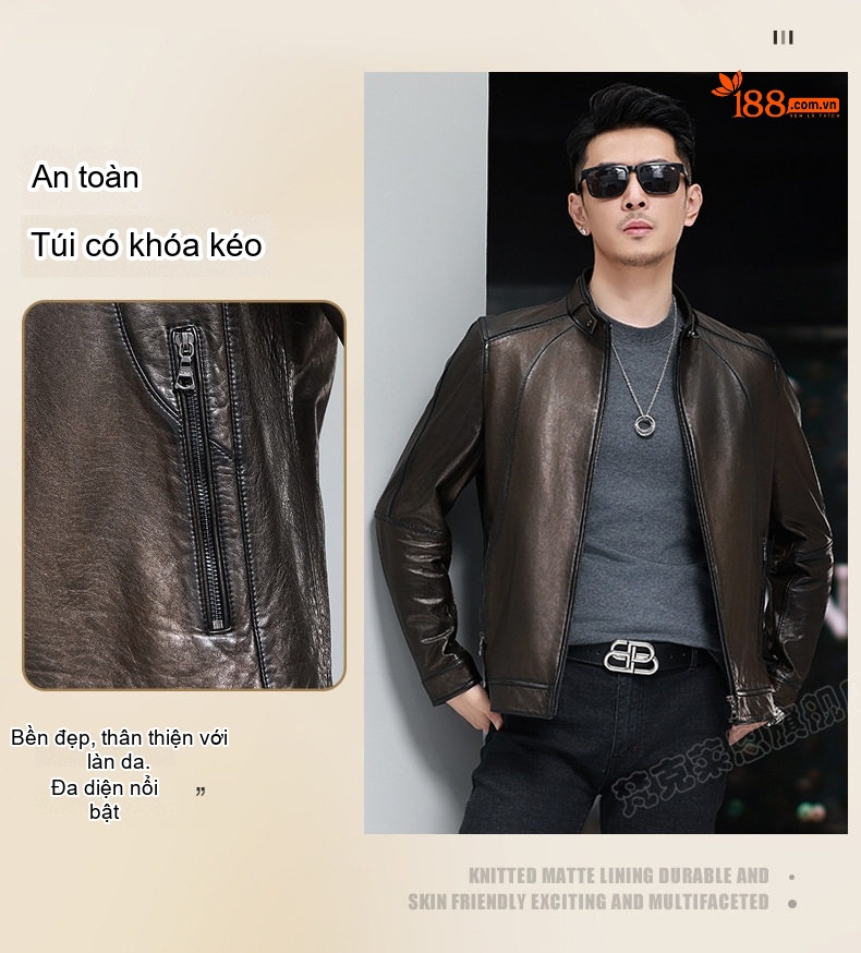 Áo Khoác Da Cừu Nam Dáng Ngắn Cổ Trụ Màu Nâu Đen chi tiết 10